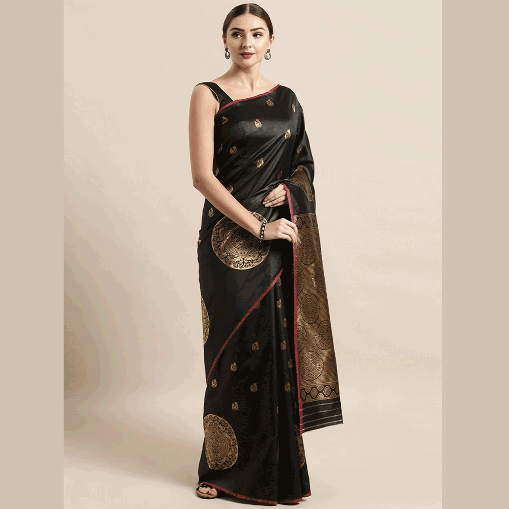 Silk Printed Saree With Blouse Piece For Women - Black