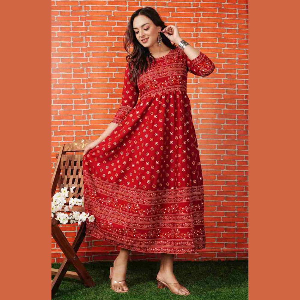 Ready Made VIP Cotton Chundi Printed Gown for Women - Red