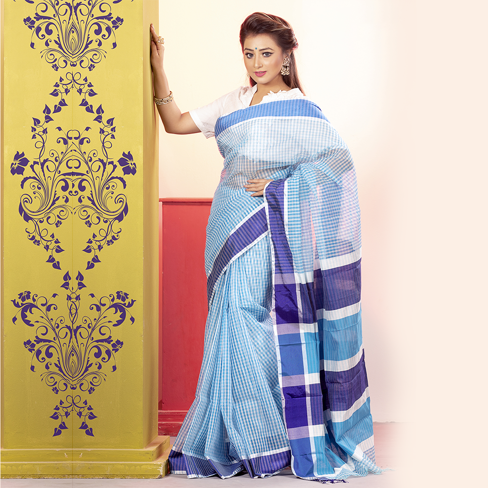 Half Silk Gamcha Check Saree with Blouse Piece For Women - Multicolor - MT-1003