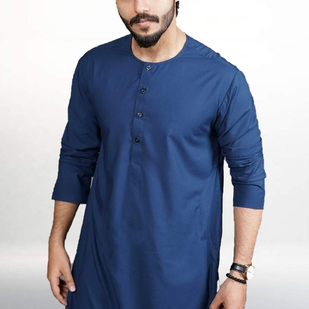 Dupian Silk Semi Long Panjabi For Men - Navy Blue