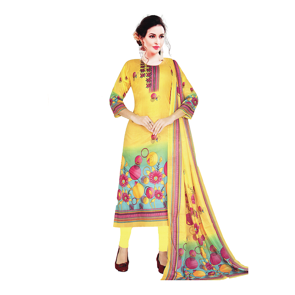 Unstitched Swiss Cotton Screen Printed Salwar Kameez For Women - Yellow - 8292.1