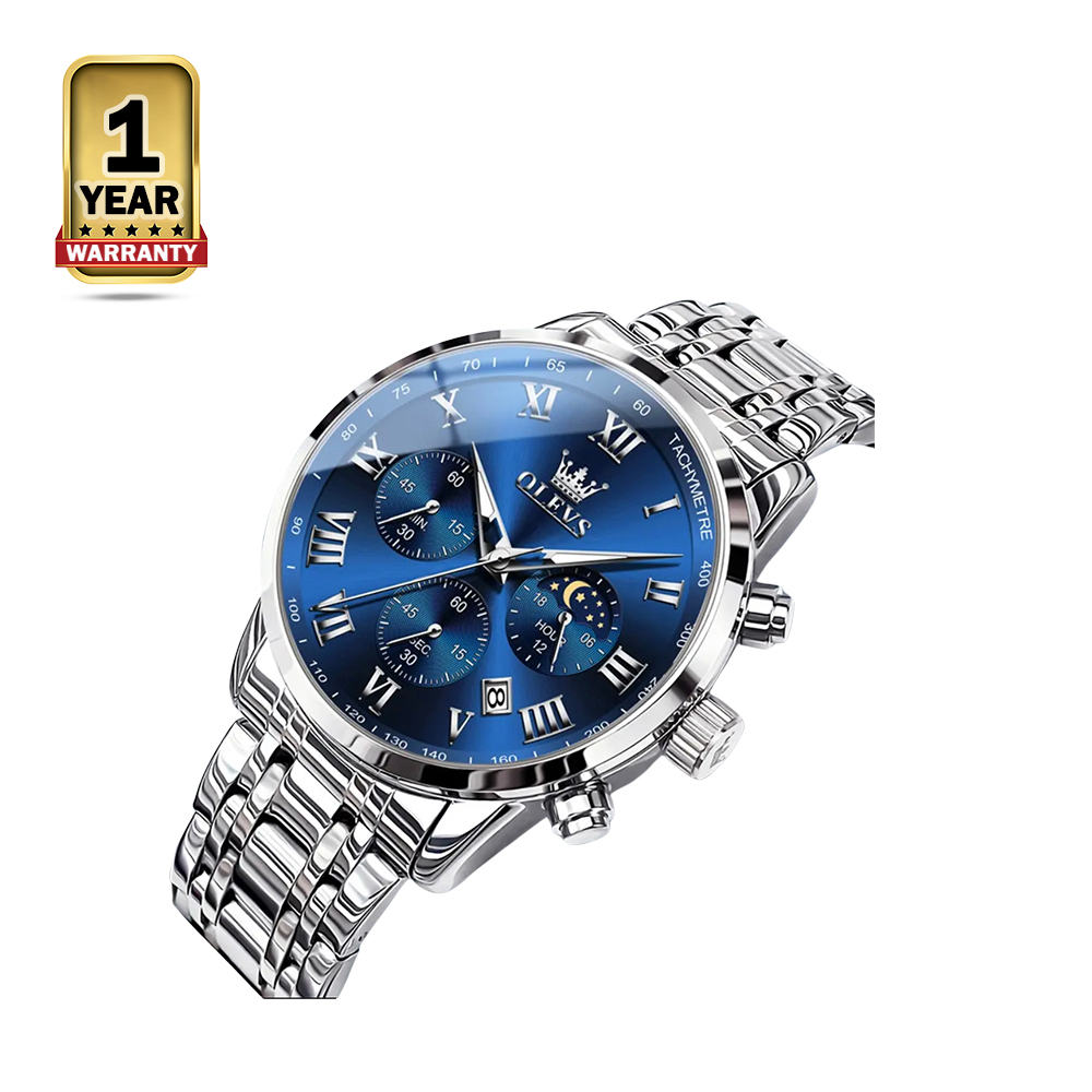 Olevs 5529 Waterproof Luminous Stainless Steel Watch for Men - Silver and Blue