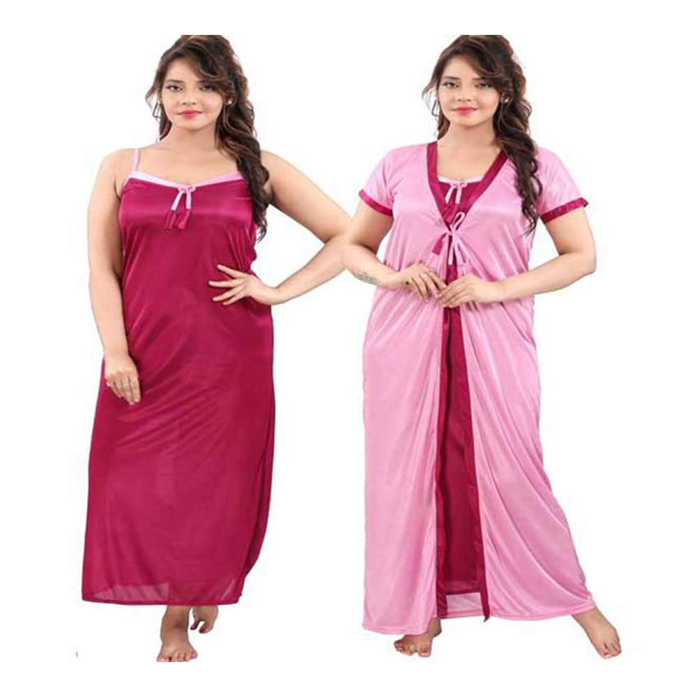 Satin 2 Part Long Plain Nighty With Robe - Red and Pink - ND-75