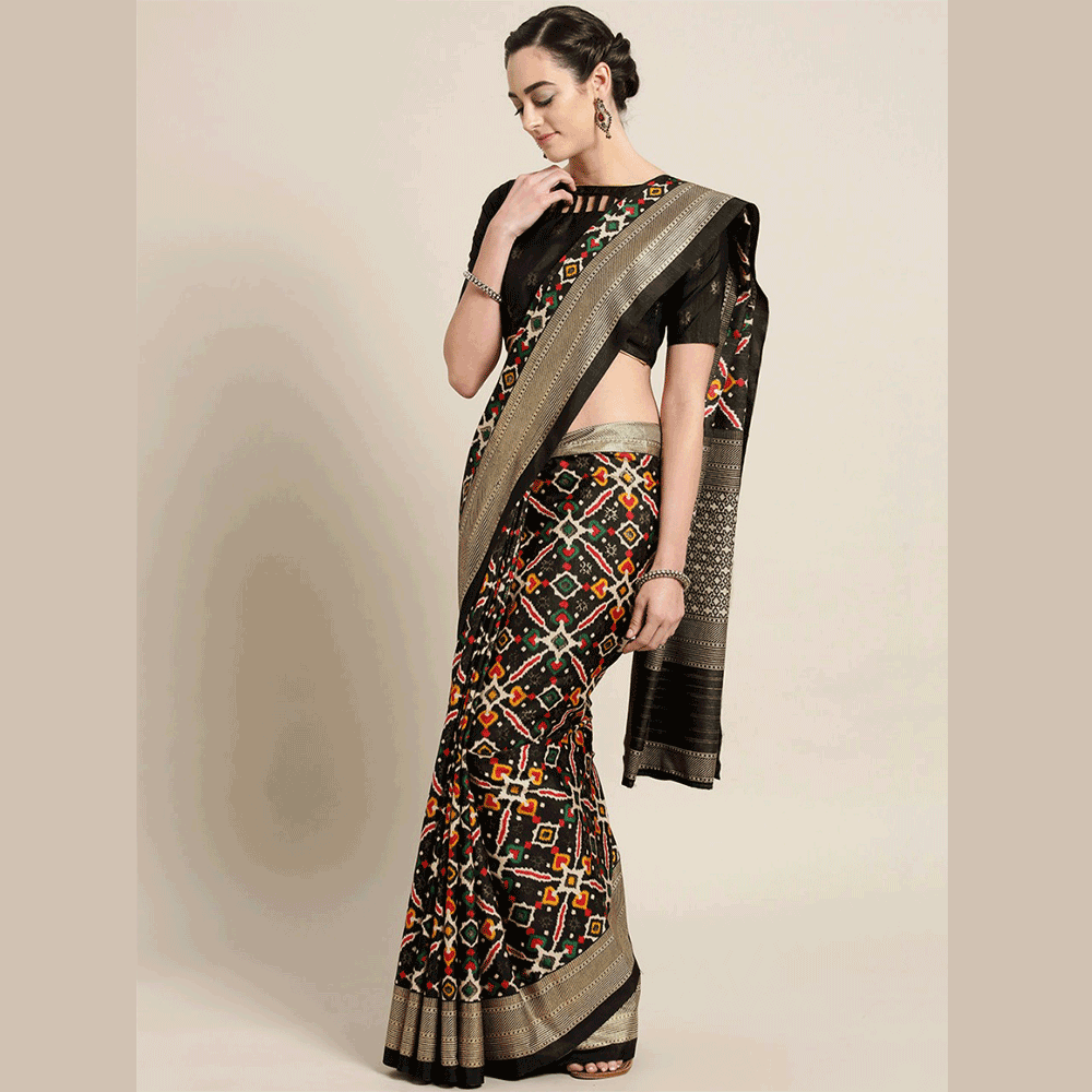 Silk Printed Saree With Blouse Piece For Women - Multicolor