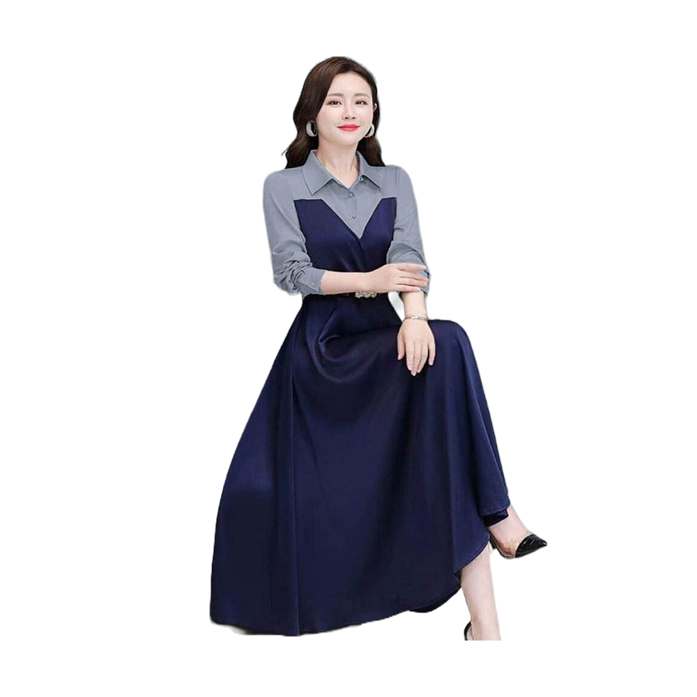 Linen Styles Elegant Long Sleeve Shirt For Women - Navy Blue - G-S03