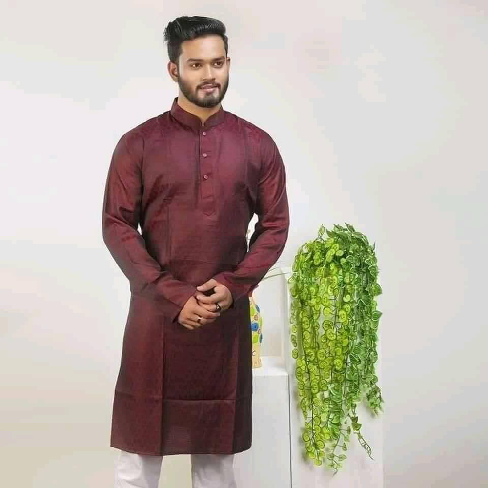 Dhupiyan Cotton Silk Semi Long Panjabi For Men - Maroon