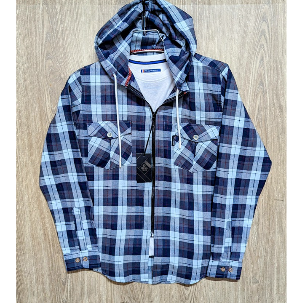 Flannel Cotton Hooded Shirt - Blue - SP0002