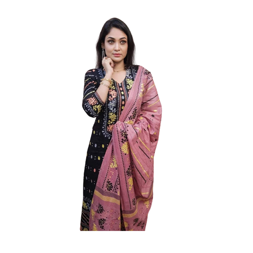 Unstitched Cotton Block Print Salwar kameez For Women - Black - 3P-03