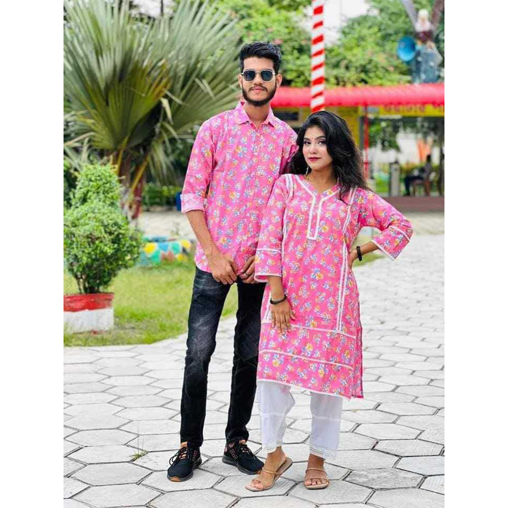 Cotton Salwar Kameez And Full Sleeve Shirt Couple Set - Pink