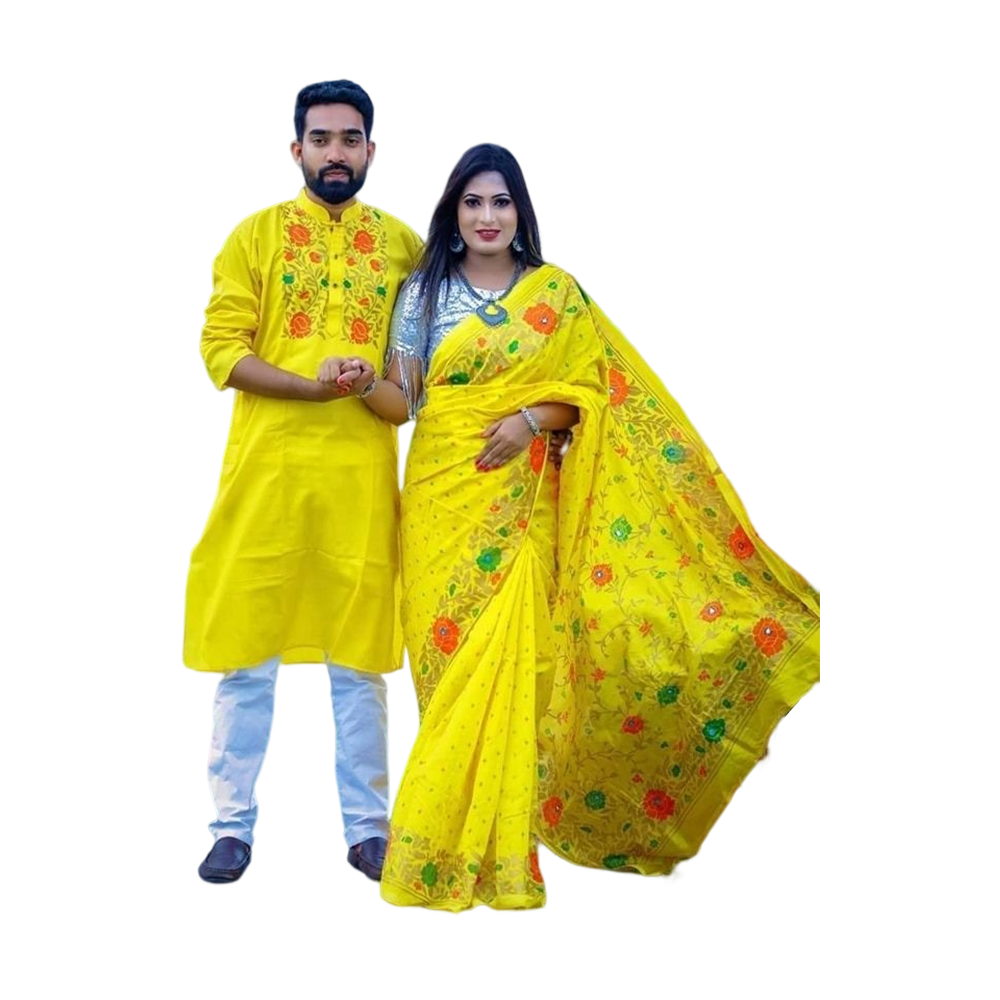 Half Silk Saree and Dhupian Cotton Panjabi Couple Dress - Yellow
