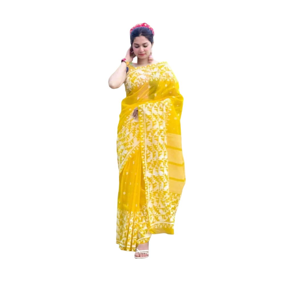 Half Silk Skin Print Saree for Women - Yellow - SP-43