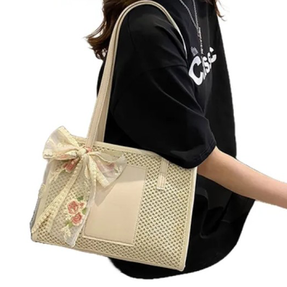 PU Leather Casual Straw Woven Hand Tote Bag for Women