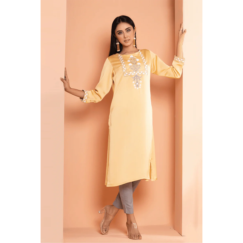 Crepe Silk Kurti For Women - Pale Yellow - M-17