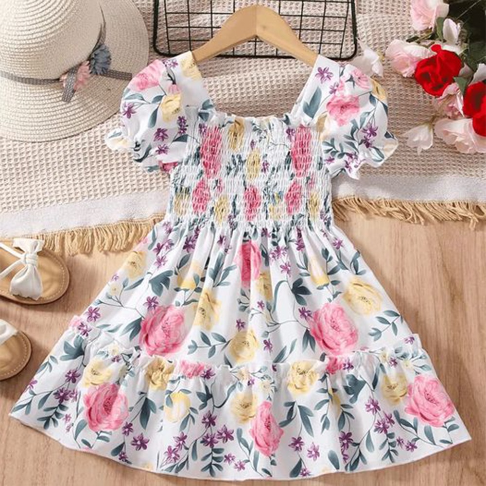 Linen 3D Printed Baby dress for Girls - Multicolor - BD-70