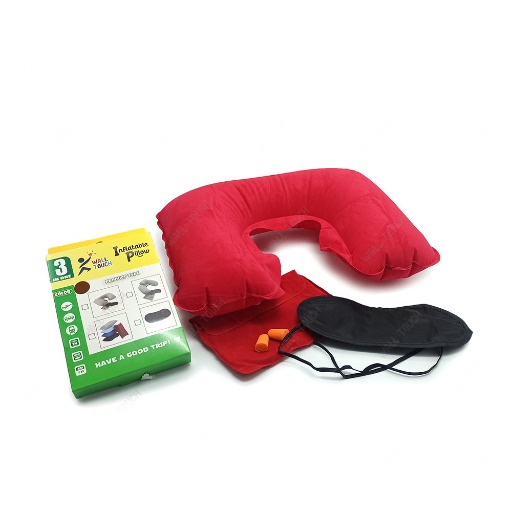 4 in 1 Inflatable Travelling Pillow Set With Eye Mask Ear Plug And Pouch - Red And Black