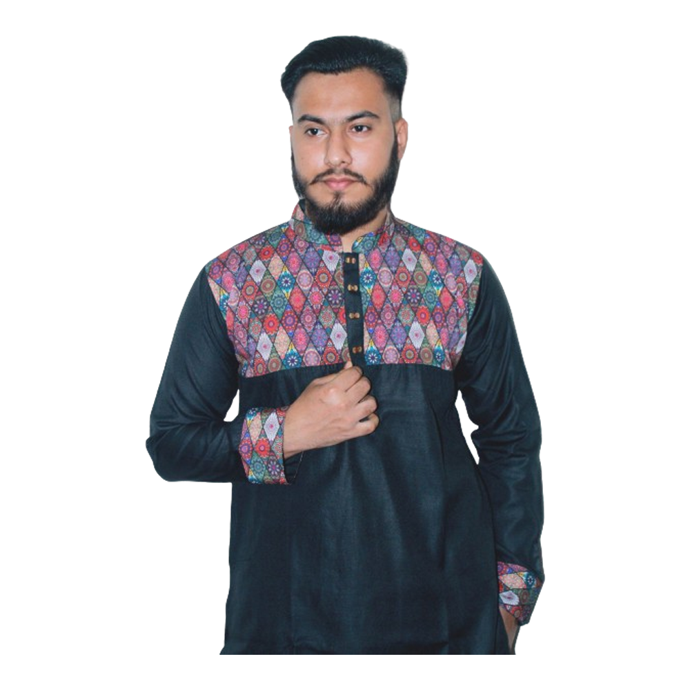 Dupion Silk Semi Long Panjabi For Men - Black