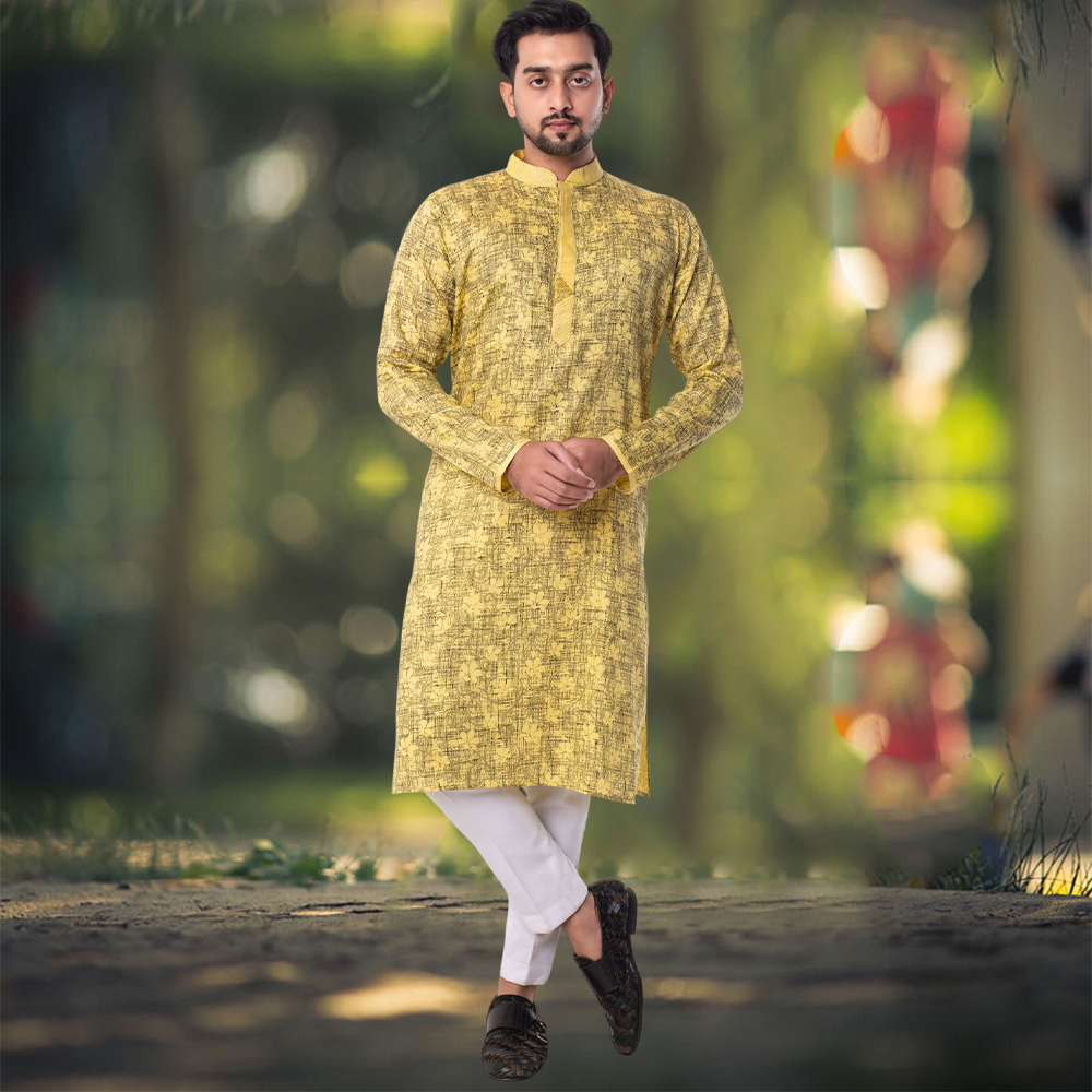 Ocode Cotton Embroidered Panjabi for Men - Yellow - SB-7799