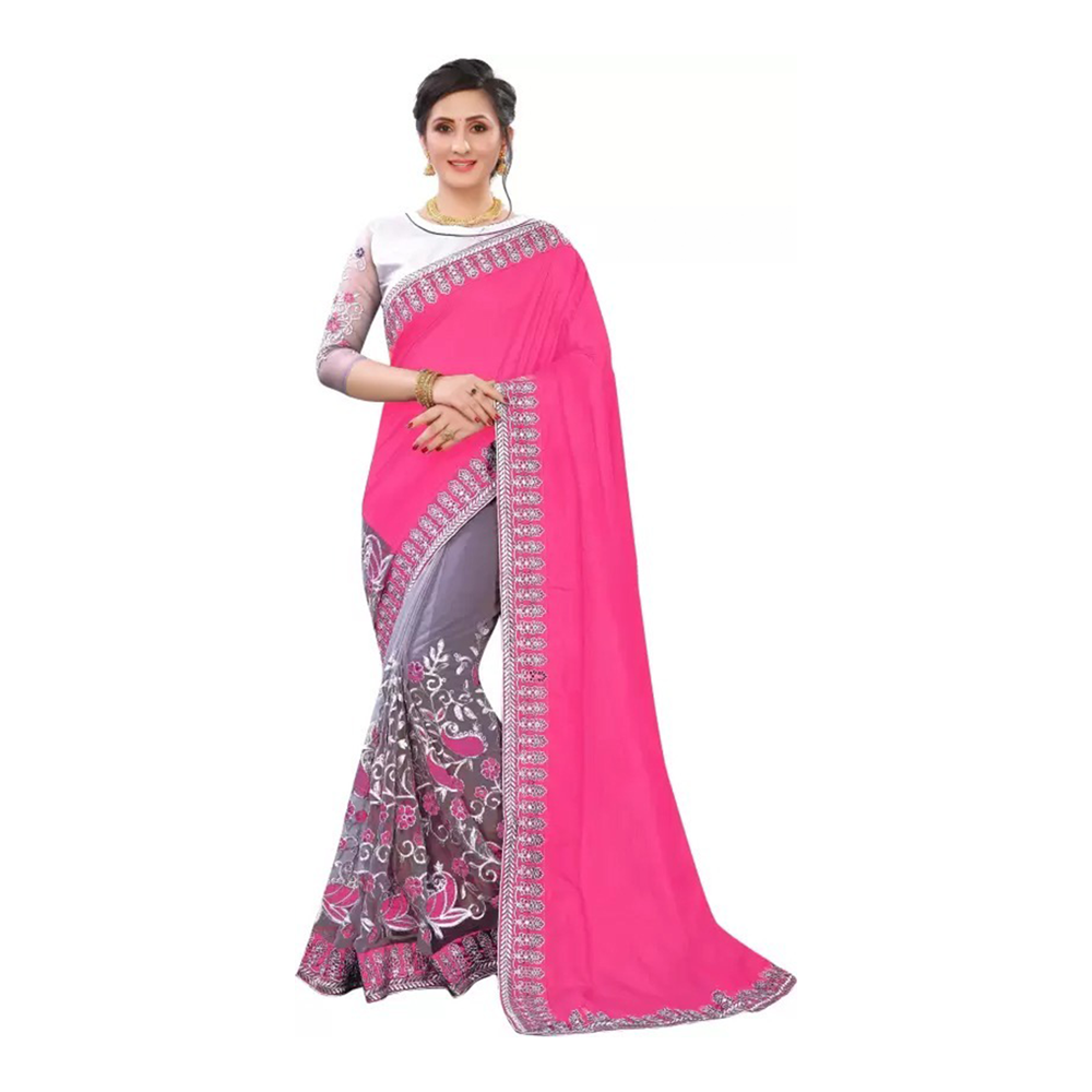 Weightless Georgette Embroidery Worked Saree With Blouse Piece For Women - Pink - SJ-58