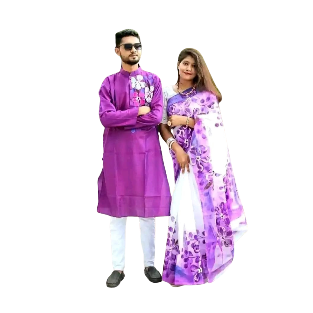 Cotton Silk Saree and Dhupian Cotton Panjabi Couple Dress - Purple & White - SC78