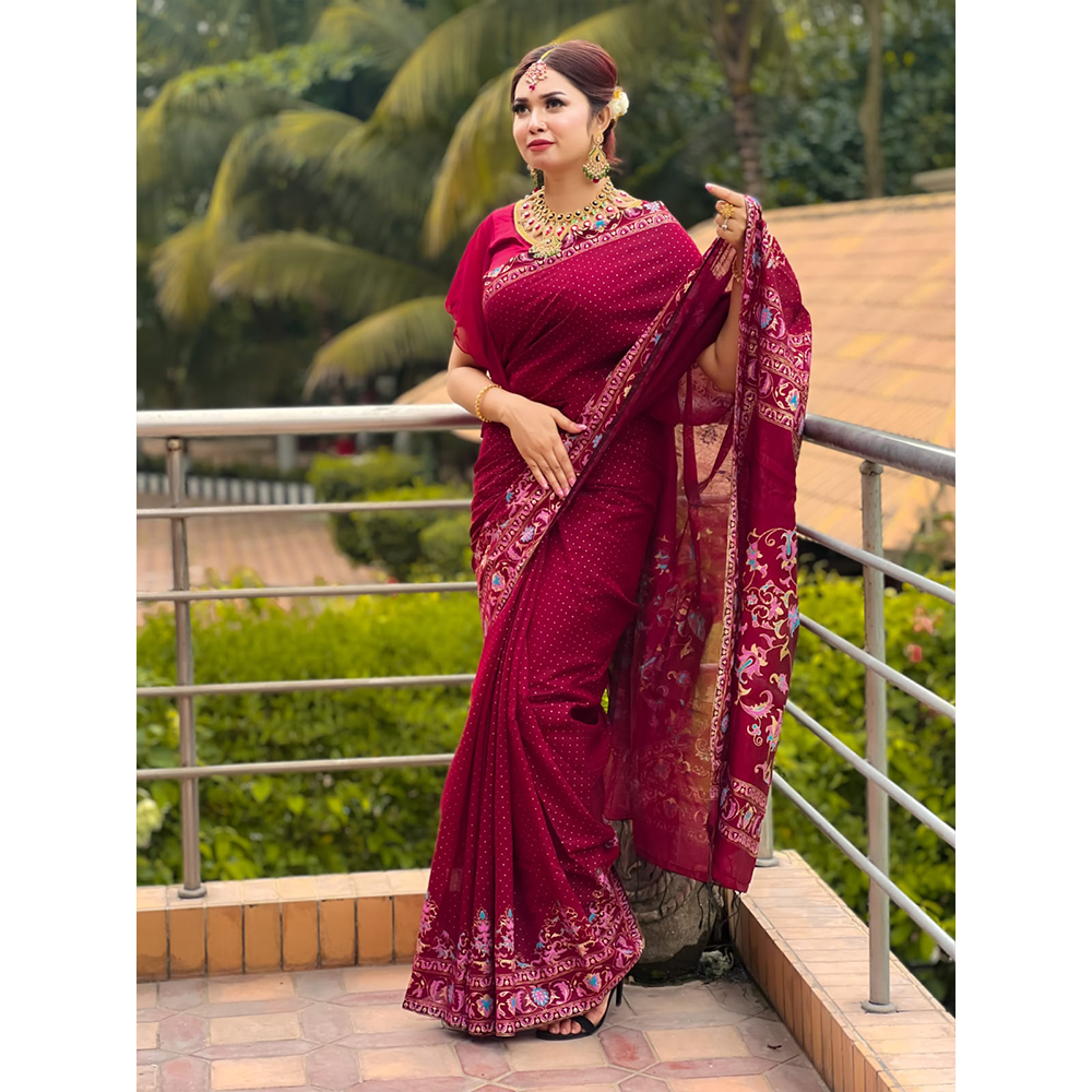 Barish Dupion Saree For Women - Maroon - SS00561