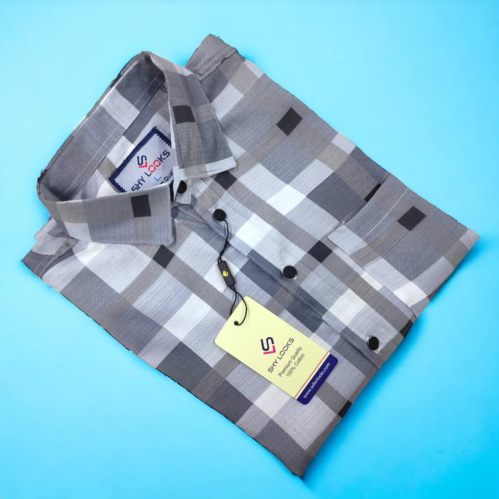 Cotton Full Sleeve Check Shirt for Men - Grey