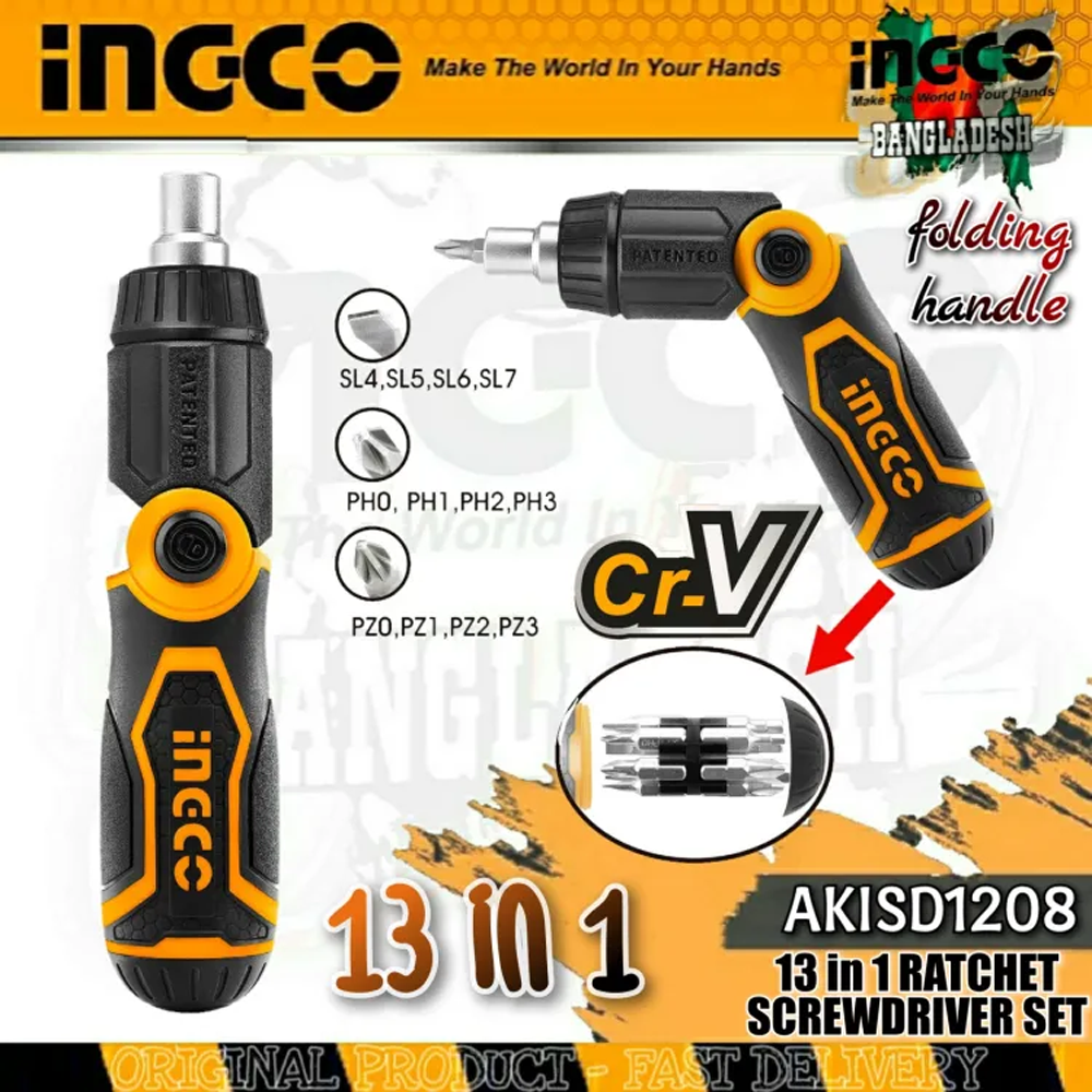 Ingco AKISD1208 13 IN 1 Ratchet Screwdriver - Black