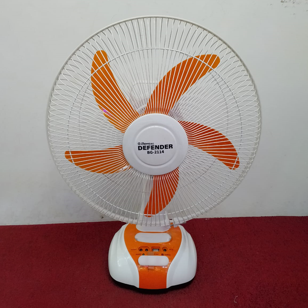 Bengal Defender BG-2114 Rechargeable Fan - 14 Inch - White and Orange