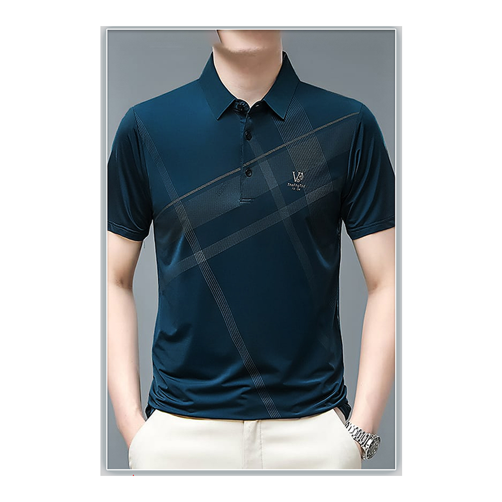 Stitch Half Sleeve Polo Shirt For Men - Navy Blue - POLO - 028