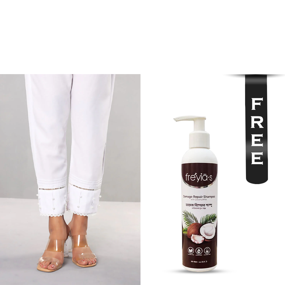 Buy Showstopper Cashmilon Fabric Straight Pleats and Pearl Pant for Women - P03 - White and Get Freyias Damage Repair Shampoo with Coconut Milk - 220ml Free