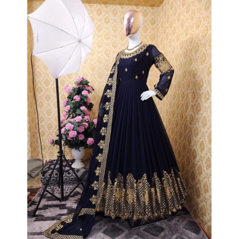 Semi Stitched Embroidery Georgette Long Party Dress For Women