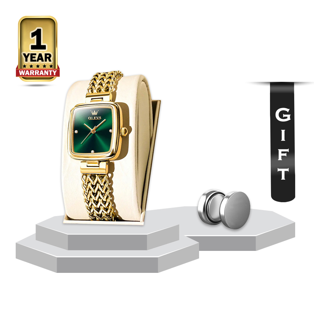 OLEVS 9948 Stainless Steel Elegant Quartz Wrist watch For Women - Gold and Green With A Battery Gift