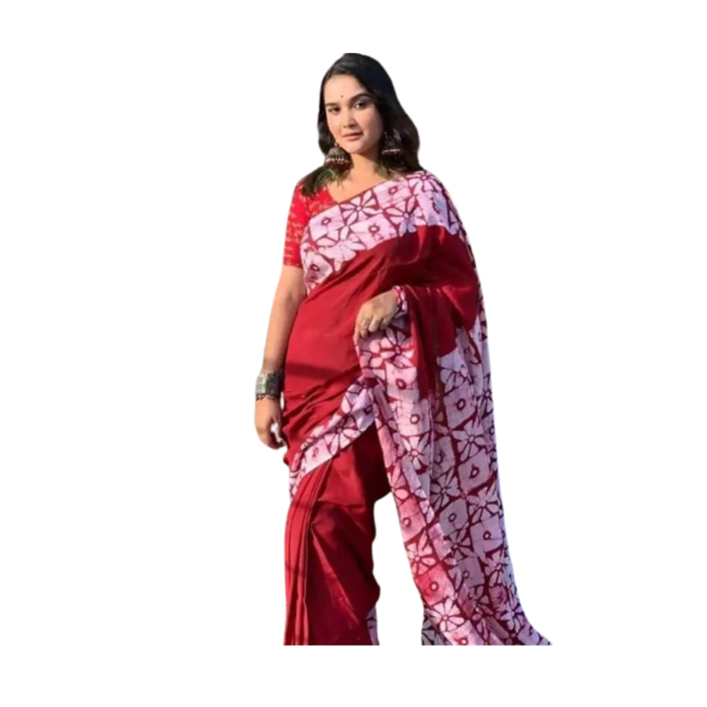 Premium Quality Silk Batik Saree With Blouse Piece - Red - SB-N14