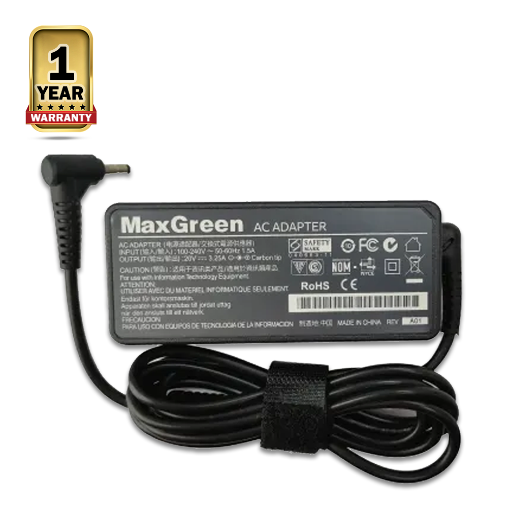 Max Green Laptop Charger Adapter For Lenovo Laptop - 65W - Black