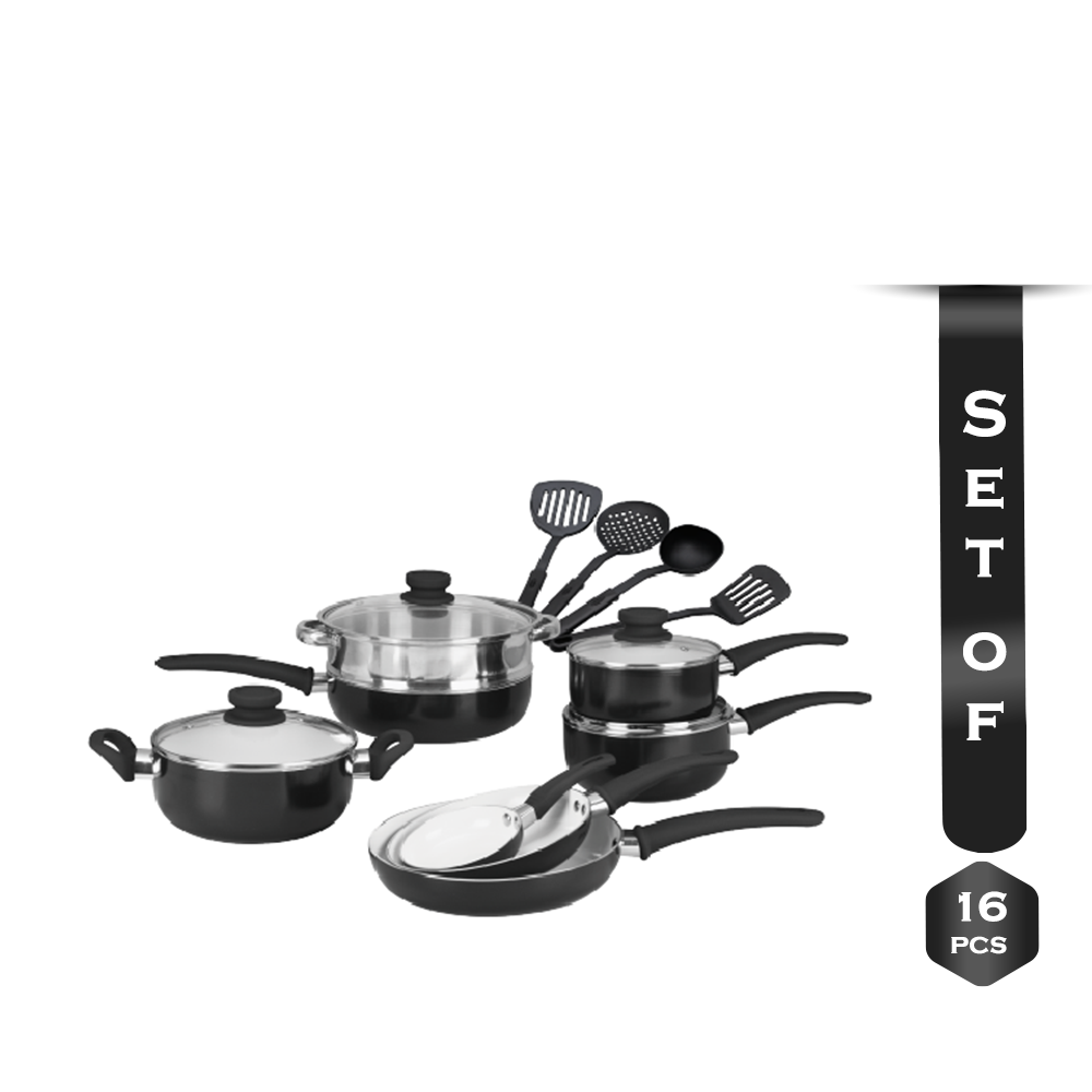 Set of 16 Pcs Gazi PRC-16C Non-Stick Cookware Set - Black