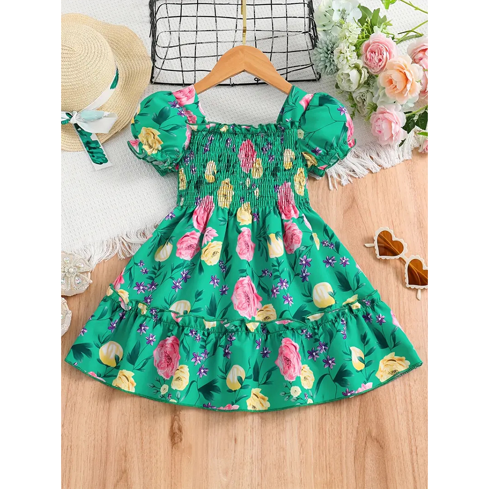 Linen Digital Print Long Gown Dress For Baby Girls - Green - 1744