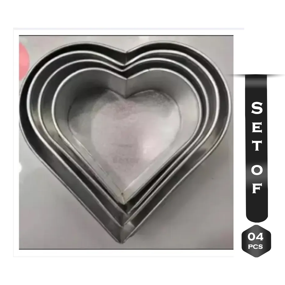 Set Of 4 Pcs Aluminum Heart Shape Cake Mold - Silver 