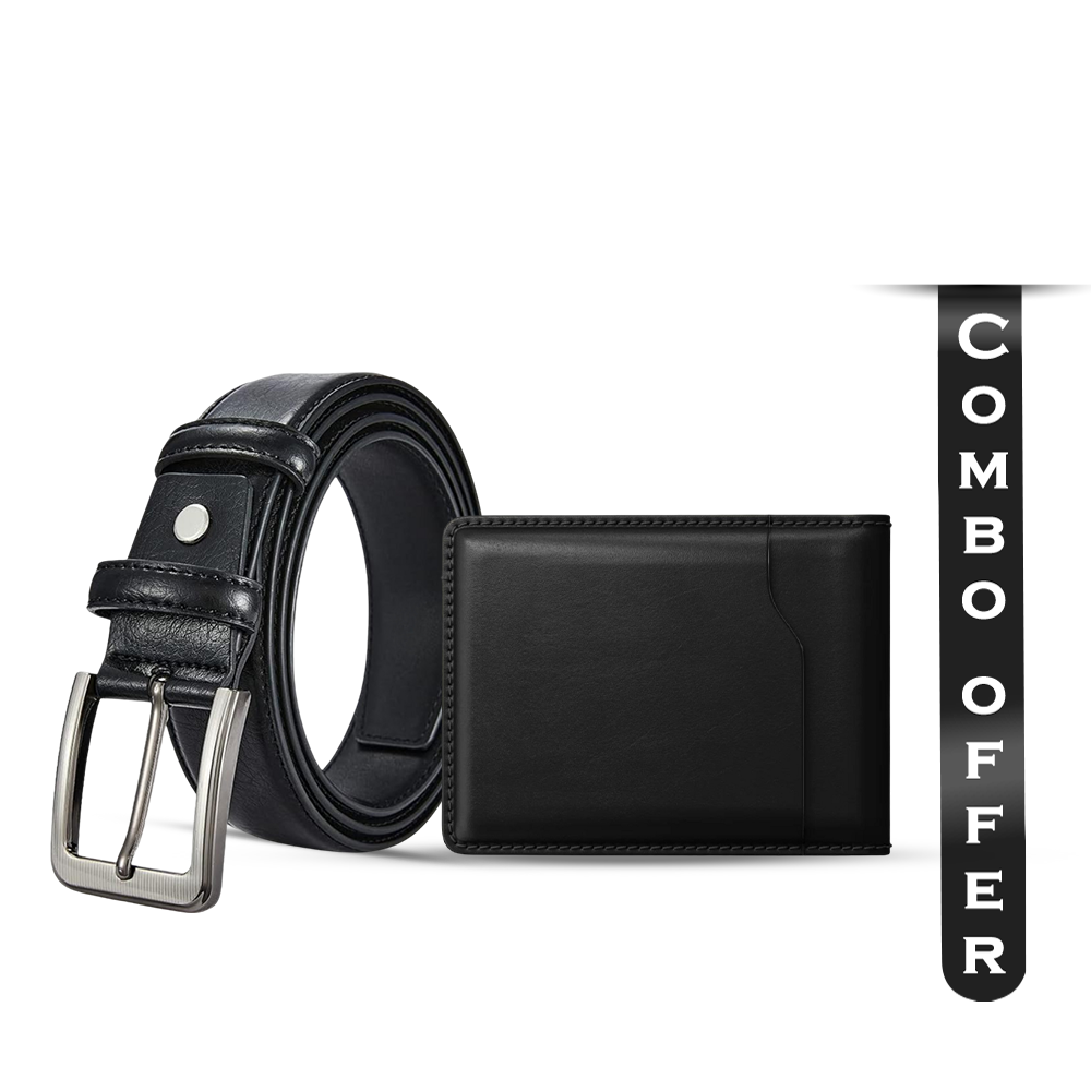 Combo of ZAYS Leather Wallet and Leather Belt for Men - Black - ZCO101