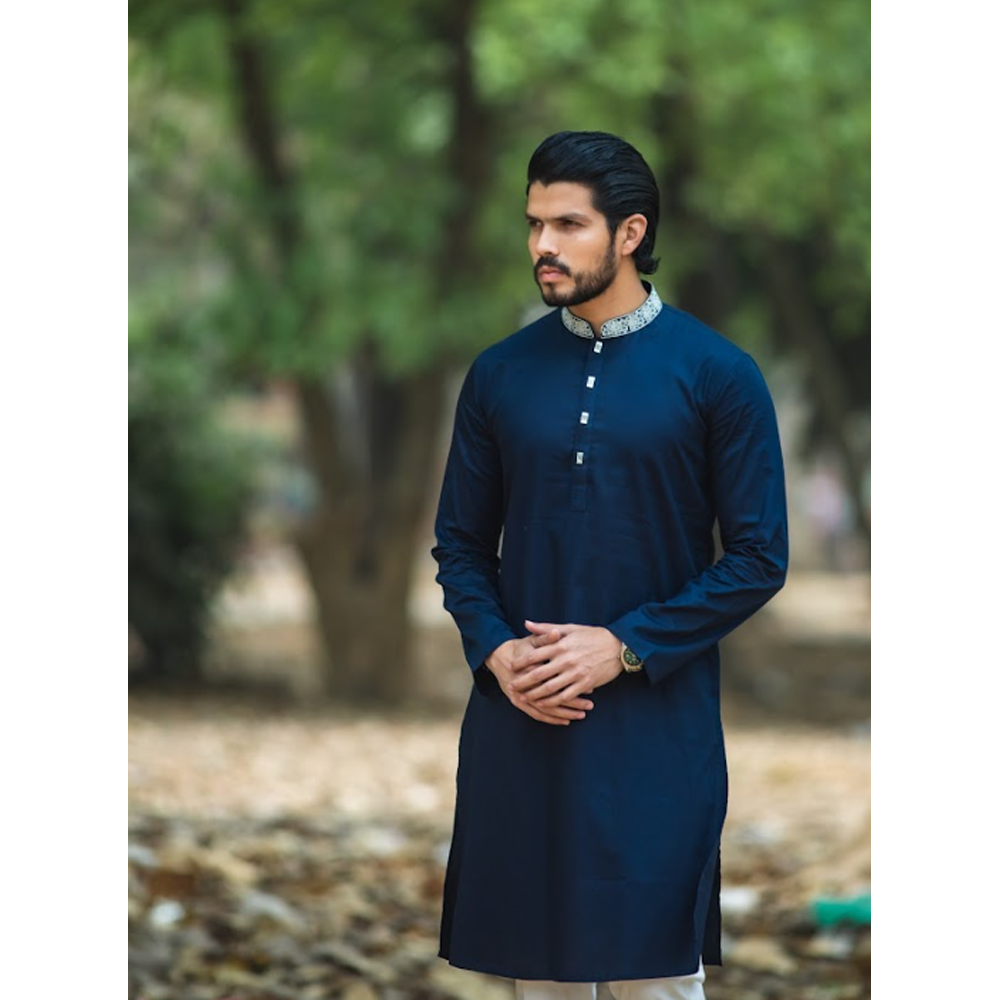 Cotton Embroidery Panjabi For Men - Navy Blue