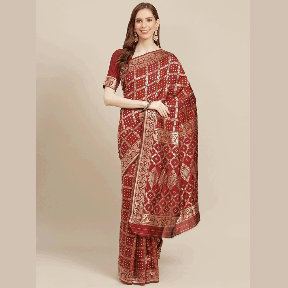 Silk Printed Saree With Blouse Piece For Women - Red