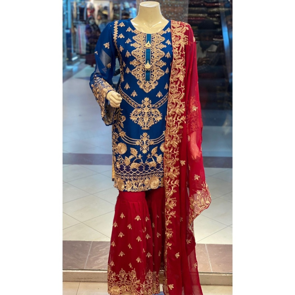 Semi Stitched Embroidery Georgette Party Dress For Women - Blue and Red