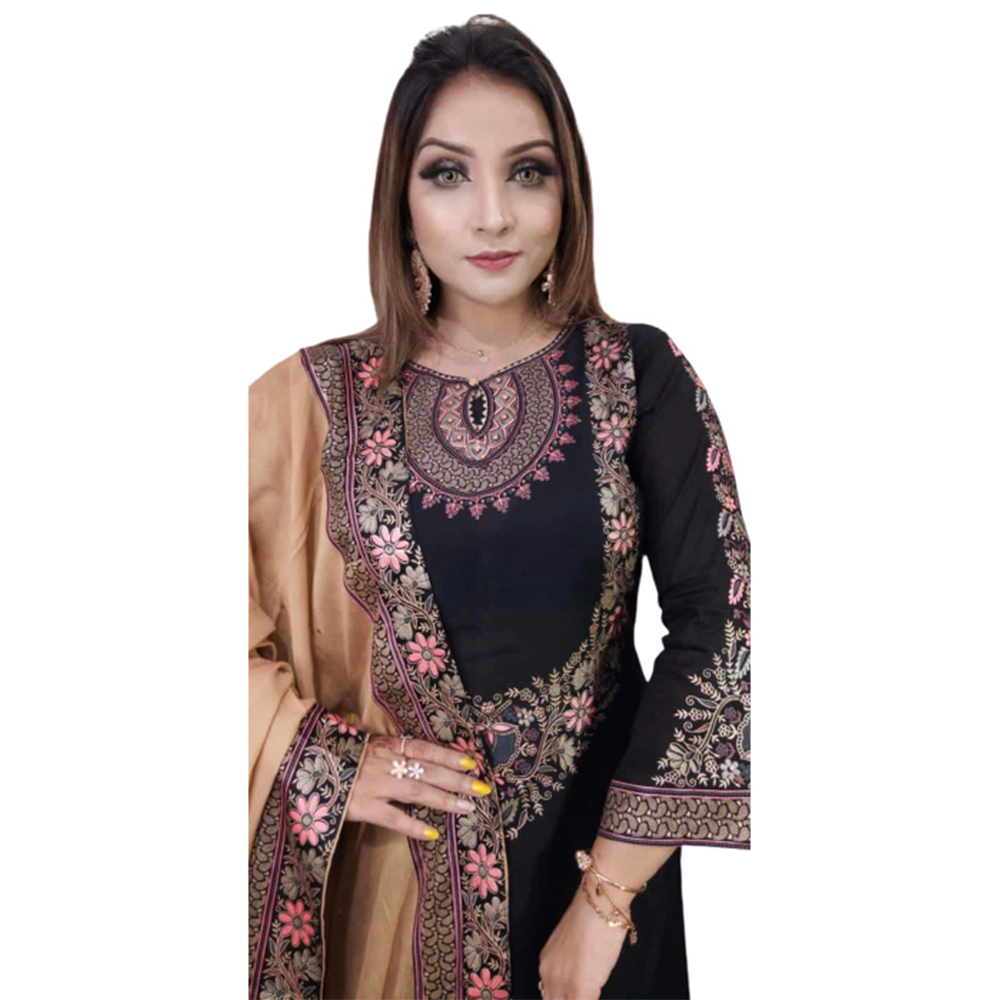 Unstitched Cotton Skin Print Salwar Kameez For Women - Black - 3C-84