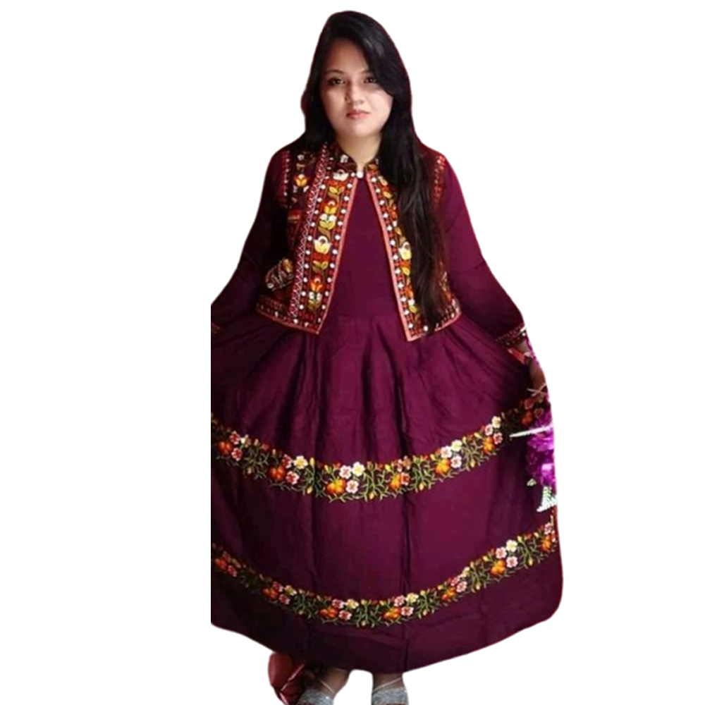 Linen Cotton Embroidery Gown With Koti For Women - Dark Red - GN-02