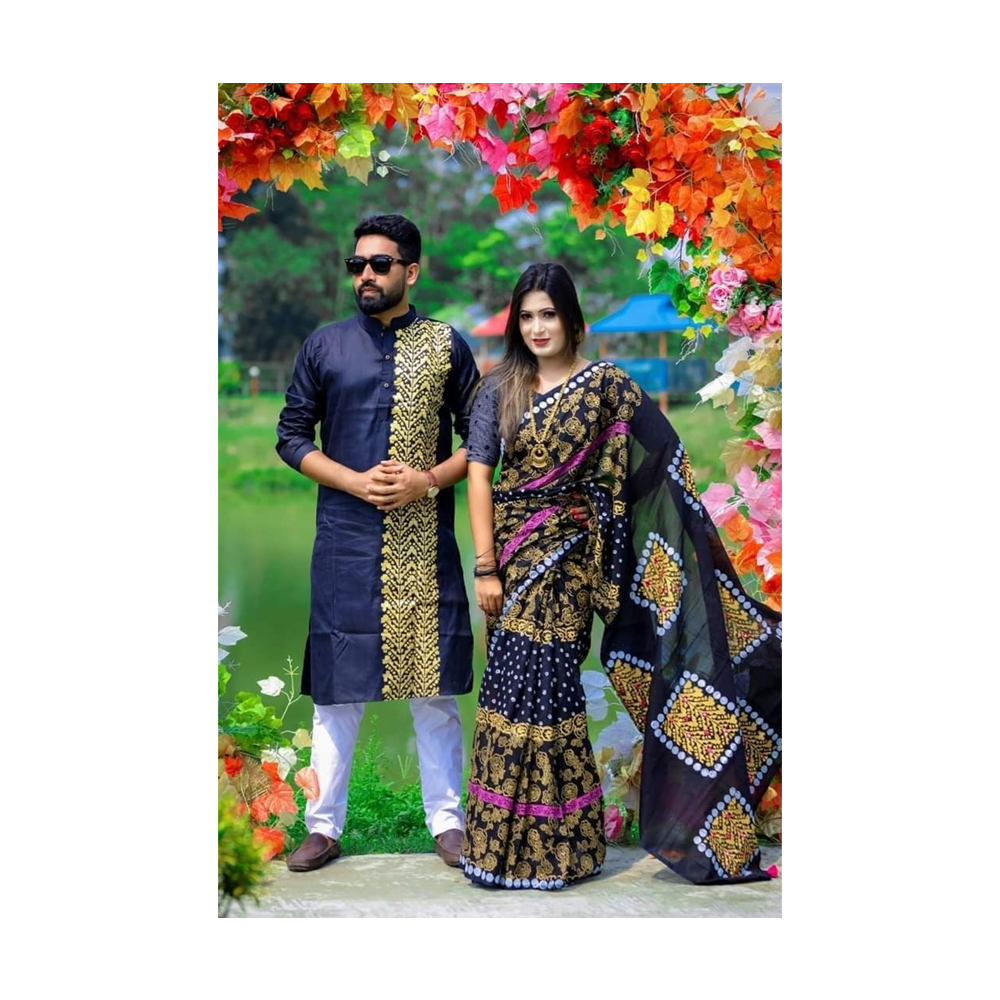 Gorgeous Half Silk Saree and Dhupian Cotton Panjabi For Couple Set - BAN056