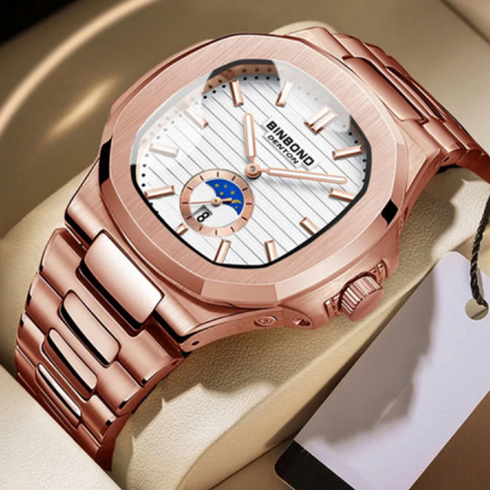 Binbond SB084 Stainless Steel Quartz Wrist Watch For Men - Rose Gold and White