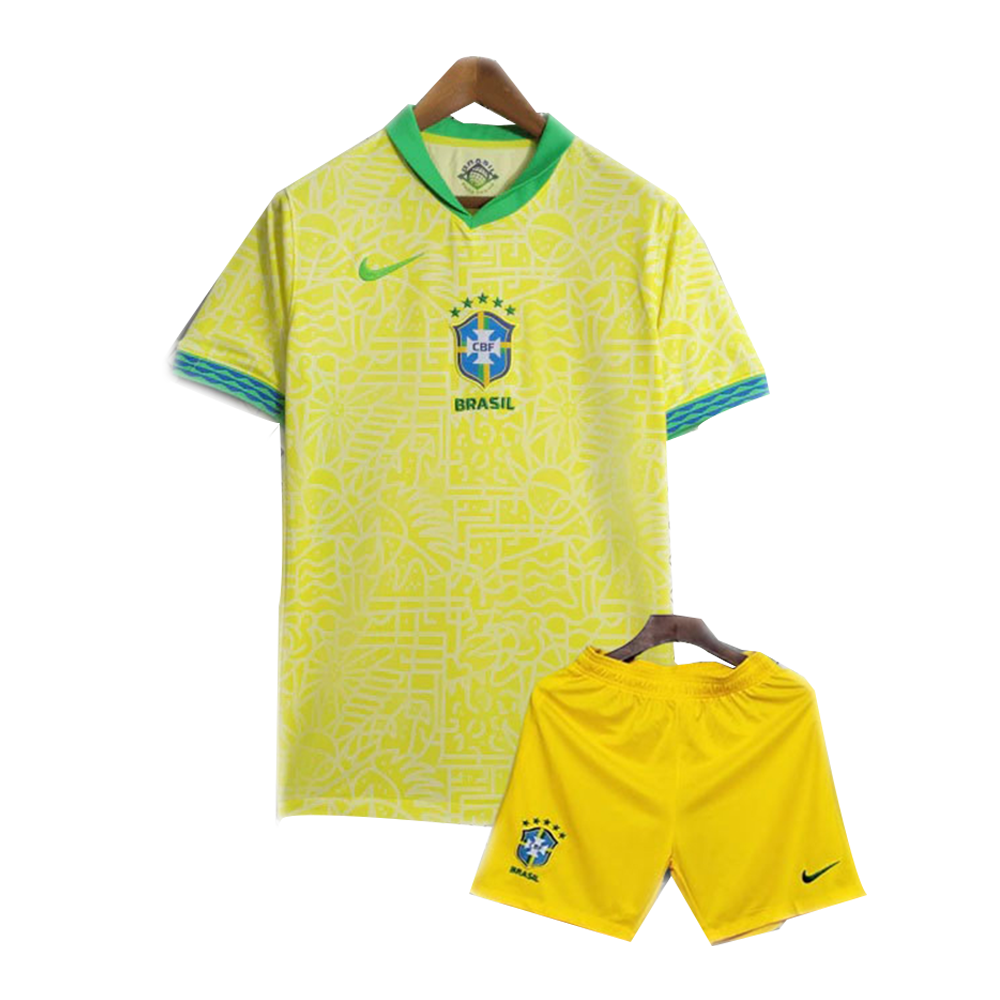 Brazil Copa America Mesh Cotton Short Sleeve Home Jersey with Short Pant 2024 - Yellow