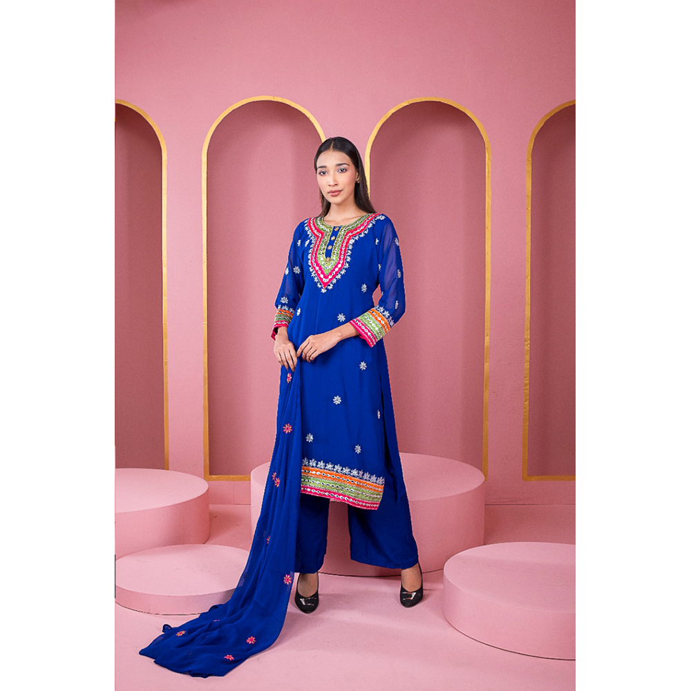 Weightless Georgette Embroidery Readymade Gulbahar Salwar Kameez for Women - Blue - HP-M3P-412