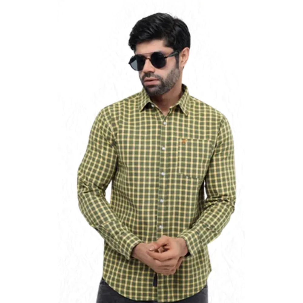Cotton Full Sleeve Casual Check Shirt For Men - Olive and Yellow 