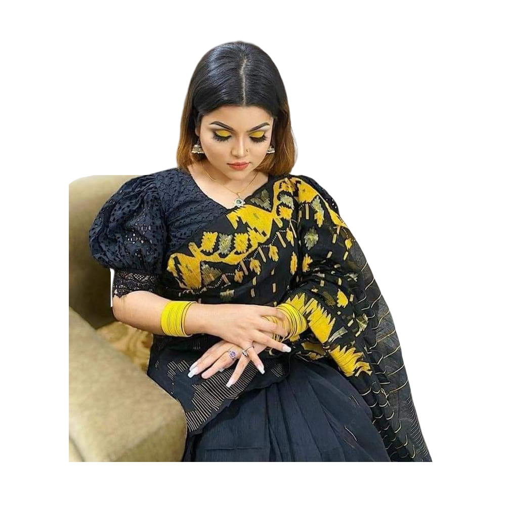 Half Silk Jamdani Saree for Women - Black - C02