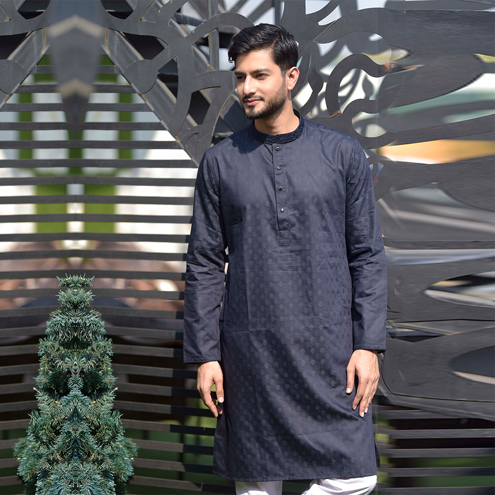 Luxury Indian Jacquard Cotton Unique Panjabi for Men - Navy Blue - SP-17