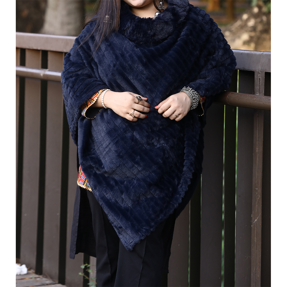 China Velvet Shawl with Collar - Navy Blue - CCRK-21 